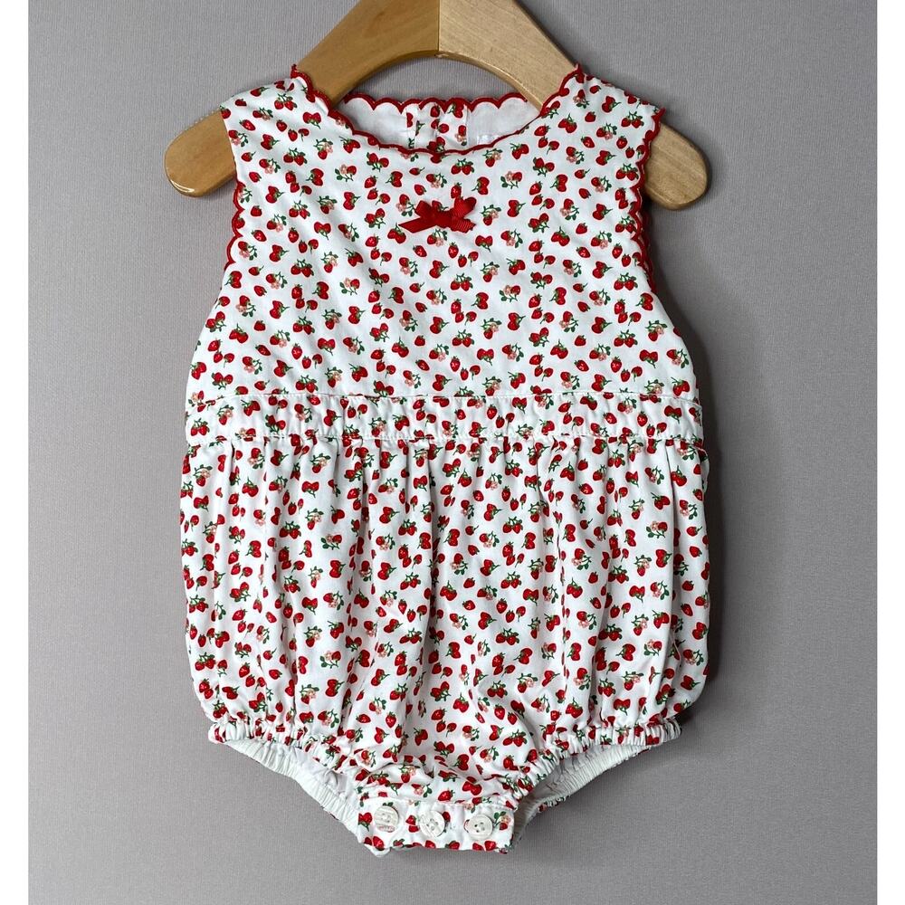 Rachel Riley Strawberry Print Scalloped Sleeveless Bubble Romper Girls 12 Mo